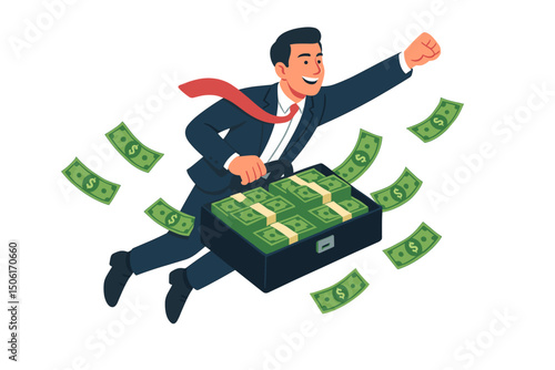 Successful businessman superhero flying with briefcase full of money cash, financial achievement wealth success concept vector illustration design