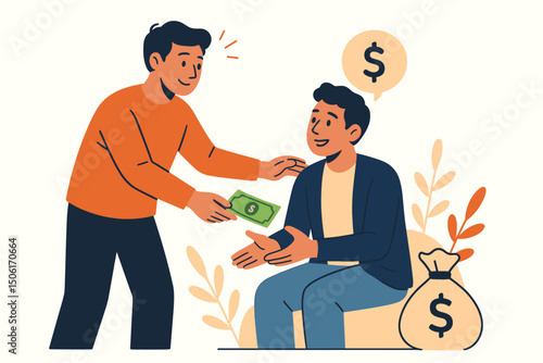 Young man giving cash money to friend financial support lending assistance concept with money bag and dollar sign vector illustration