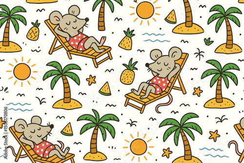 Cute cartoon mice sunbathing seamless pattern with tropical palm trees, beach chairs, pineapples and summer vacation elements vector illustration