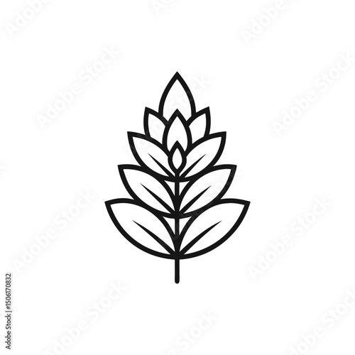 lupine flower icon, Black line drawing of a stylized lupine flower with layered petals and broad leaves, designed in a simple and modern style on white background