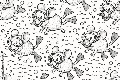 Cute hand-drawn mice snorkeling underwater seamless pattern with diving goggles flippers and bubbles adorable aquatic adventure background design