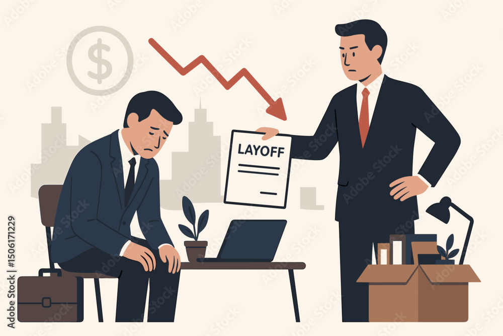 Corporate layoff scene with sad employee receiving termination notice from manager in modern office during economic downturn and financial crisis Corporate layoff scene with sad employee receiving termination notice from manager in modern office during economic downturn and financial crisis