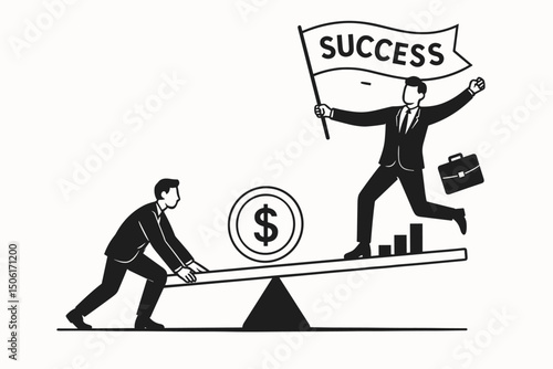 Business teamwork collaboration concept with two professional businessmen using financial leverage money seesaw to achieve success victory celebration with flag and growth charts