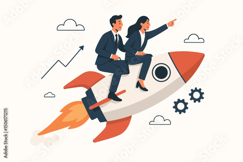 Business team riding rocket ship pointing forward to success - leadership, growth, partnership and innovation concept vector illustration