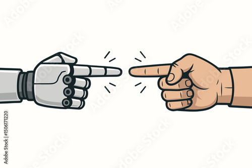 Human and robot hands pointing together in futuristic AI collaboration concept vector illustration for technology partnership and digital innovation