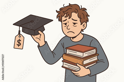 Dejected college student holding expensive graduation cap with dollar price tag and stack of textbooks representing crushing education debt burden