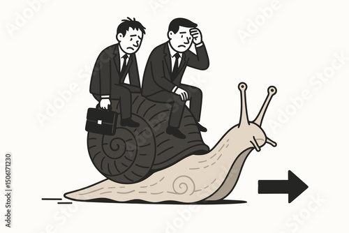 Slow Business Progress Concept Vector Illustration with Frustrated Businessmen Riding Giant Snail Depicting Inefficiency and Sluggish Performance