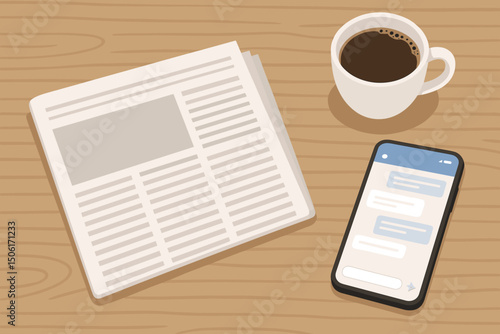 Morning business essentials flat vector illustration with coffee cup, newspaper and smartphone on wooden table - perfect breakfast scene for busy professionals