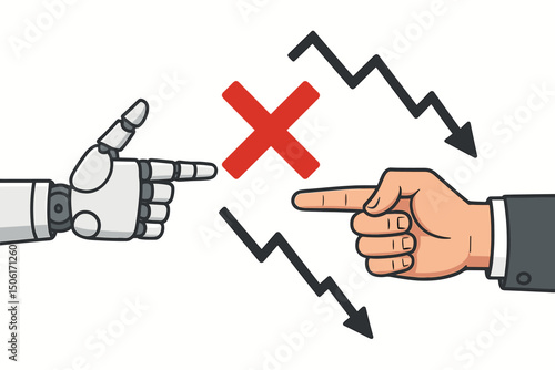 Human versus artificial intelligence miscommunication conflict concept vector illustration with robot and human hands pointing at red X symbol