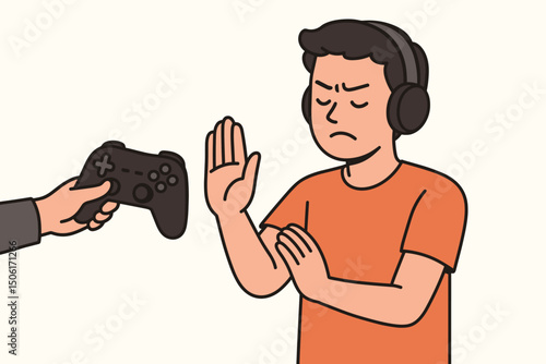 Young man with headphones refusing gaming controller with stop gesture - digital detox and gaming addiction concept vector illustration