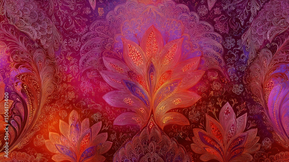A complex floral background with various paisley-like shapes on a spectrum of colors is sure to bring a touch of class to your space. A complex floral background with various paisley-like shapes on a spectrum of colors is sure to bring a touch of class to your space.