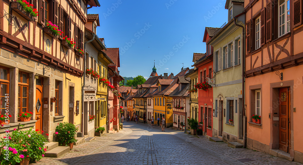 Fototapeta premium Picturesque European village with cobblestone streets, blooming flowers on windowsills, and historic architecture under a clear blue sky — ideal for tourism and lifestyle campaigns