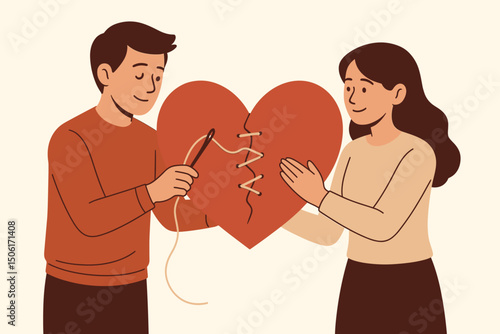 Young couple working together to mend and heal broken heart with needle and thread, relationship recovery and love repair vector illustration