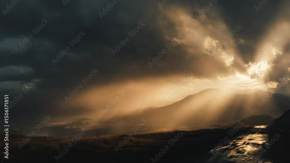 Dramatic sunset light rays breaking through dark clouds illuminate a mountainous landscape. Golden light beams cast shadows on hills and valleys. Dark, moody atmosphere with a sense of awe and wonder. Dramatic sunset light rays breaking through dark clouds illuminate a mountainous landscape. Golden light beams cast shadows on hills and valleys. Dark, moody atmosphere with a sense of awe and wonder.