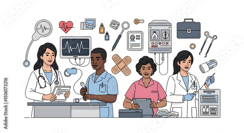 Diverse medical professionals working together in a modern healthcare setting
