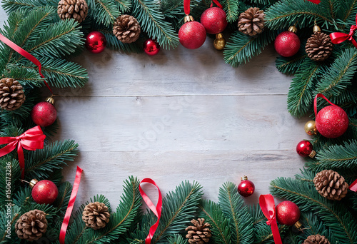 AI generated. A frame of Christmas decoration, on a wooden background