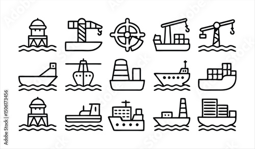 set of  outline icons related to marine port  li 