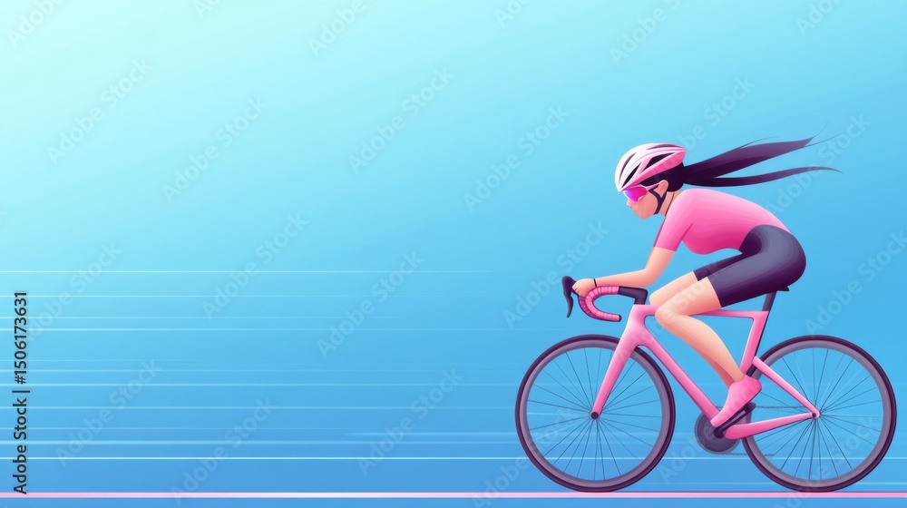 Fototapeta premium Dynamic Woman Biking on Bright Blue Background with Motion Blur Effect