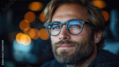 Thoughtful man with glasses smiling in a relaxed indoor setting