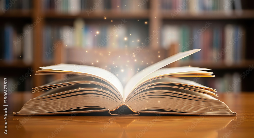 Naklejka premium Open book with magical glow on wooden table in library setting 