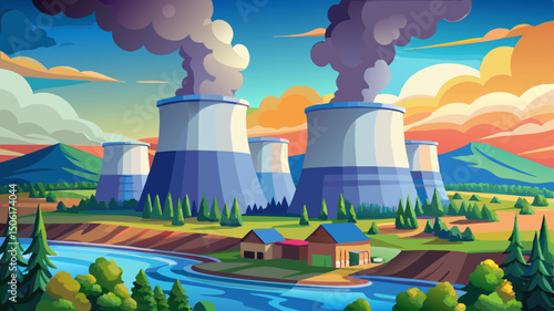 Massive nuclear power plant cooling towers rise dramatically, releasing thick steam into the blue sky. Surrounded by a verdant landscape, they emphasize the scale of industrial energy production.
