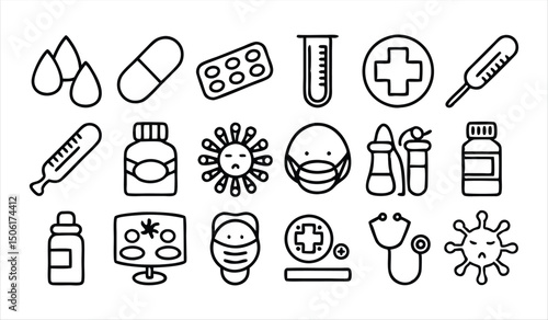 set of  outline icons related to sickness  illne