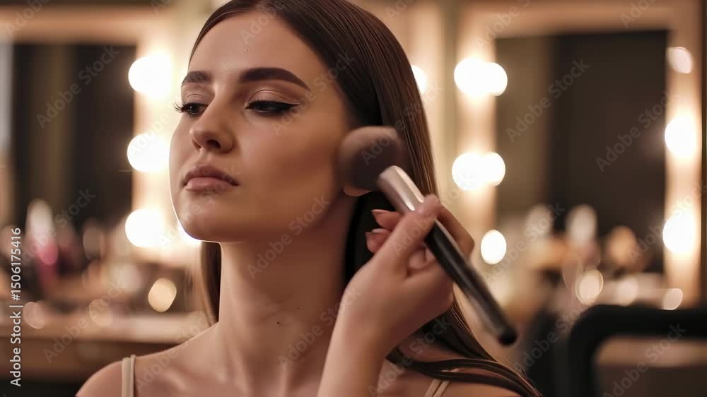 A serene young adult woman with elegant makeup, including winged eyeliner, delicately applies cosmetics to her cheek using a soft brush in a professional beauty setting with blurred. A serene young adult woman with elegant makeup, including winged eyeliner, delicately applies cosmetics to her cheek using a soft brush in a professional beauty setting with blurred.