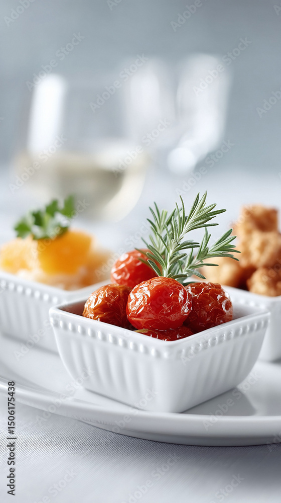 Elegant appetizer setting with cherry tomatoes and herbs in white bowls on a plate. Ideal for showcasing fine dining, healthy food options, or gourmet presentations. Elegant appetizer setting with cherry tomatoes and herbs in white bowls on a plate. Ideal for showcasing fine dining, healthy food options, or gourmet presentations.