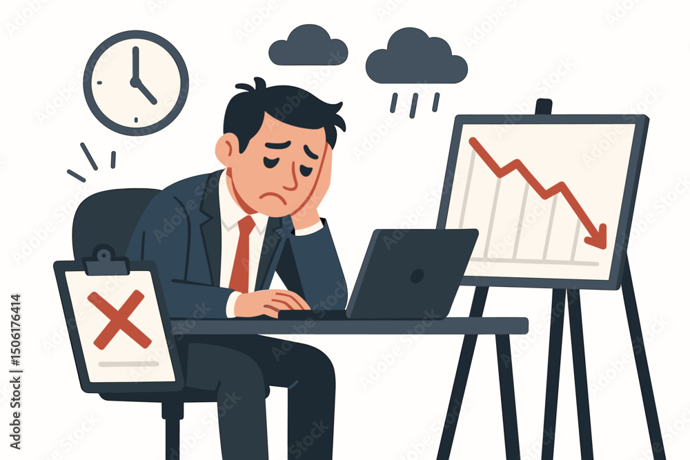 Depressed overwhelmed businessman sitting at office desk with laptop computer showing declining financial chart and poor business performance results in dark corporate workplace vector illustration Depressed overwhelmed businessman sitting at office desk with laptop computer showing declining financial chart and poor business performance results in dark corporate workplace vector illustration