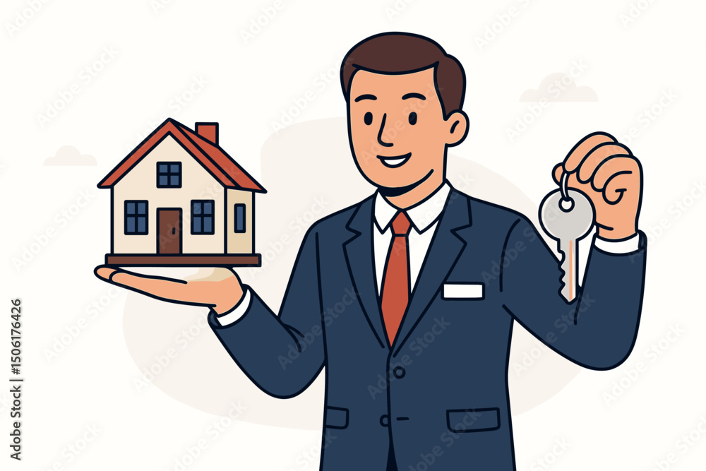 Professional real estate agent businessman holding miniature house model and keys presenting property deal sale vector illustration Professional real estate agent businessman holding miniature house model and keys presenting property deal sale vector illustration