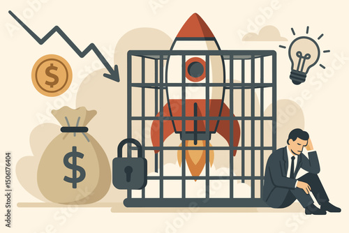 Restricted Business Innovation Vector - Startup Rocket Trapped Behind Prison Bars with Frustrated Entrepreneur, Financial Barriers and Growth Obstacles