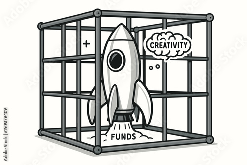 Rocket spaceship trapped in steel cage framework representing constrained creativity innovation and business funding barriers vector illustration concept
