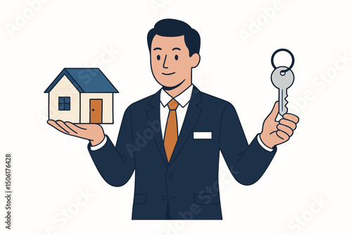 Smiling professional real estate agent businessman holding miniature house model and keys vector illustration for property sales and investment business concept