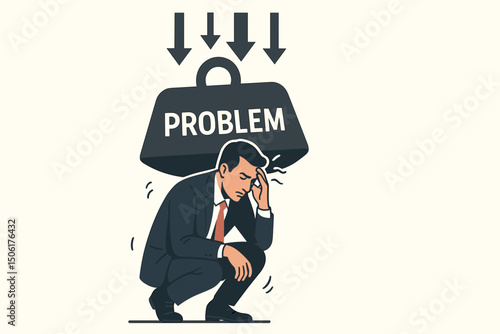 Stressed overwhelmed businessman under heavy problem burden pressure arrows showing work challenges anxiety depression business concept vector