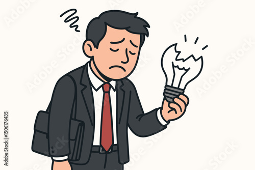 Stressed businessman with broken light bulb showing creative block, failed ideas and innovation challenges in corporate workplace vector illustration