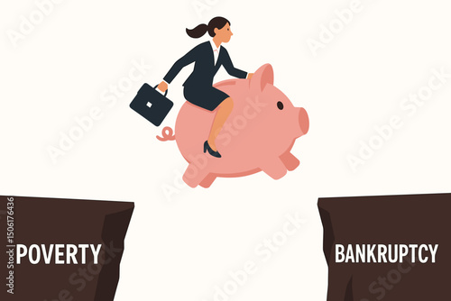 Confident businesswoman riding flying piggy bank leaping over financial crisis gap between poverty and bankruptcy toward economic freedom and success vector illustration