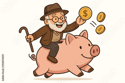 Elderly man with cane riding piggy bank celebrating with golden dollar coins retirement financial success cartoon vector illustration