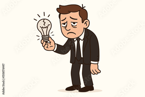 Disappointed businessman holding broken lightbulb representing creative block, failed innovation, and lack of ideas in corporate environment vector illustration