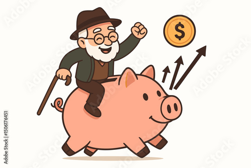 Cheerful senior grandfather riding giant piggy bank with dollar coin and upward arrows - retirement financial success savings growth vector illustration