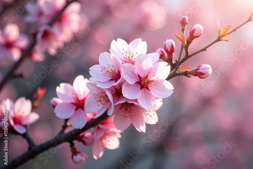 Delicate pink sakura blossoms, full bloom, intricate branches , sakura, japanese style