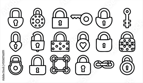 set of outline icons related to padlock  linear 