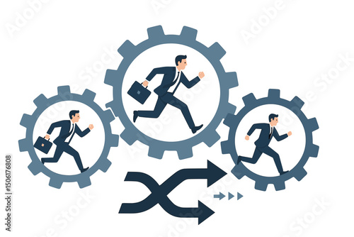 Businessmen running in gear wheels vector illustration depicting corporate workflow, teamwork dynamics and business process optimization concept