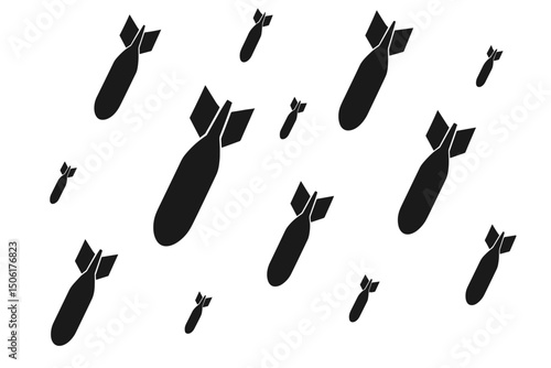 Black Falling Bombs Vector Silhouettes Seamless Pattern - Military Warfare Weapons Illustration for War Conflict Editorial Design Projects and Graphics