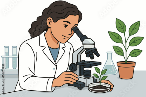 Female scientist examining plant specimens under microscope in laboratory - botanical research vector illustration with test tubes and green plants