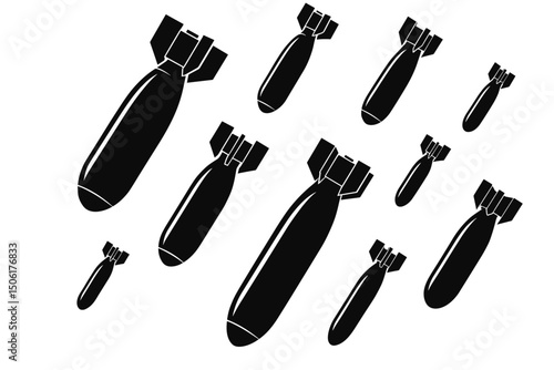 Falling bombs vector silhouettes pattern black military missiles ordnance dropping warfare illustration graphic design elements collection