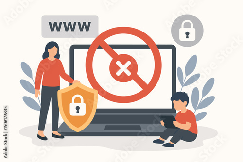 Internet Safety Parental Controls Vector Illustration with Website Blocking Protection Shield and Cybersecurity Elements for Kids Online Digital Security