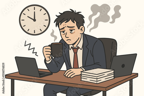 Exhausted businessman taking coffee break during late night overtime work - tired office worker with fatigue drinking hot coffee at desk vector illustration