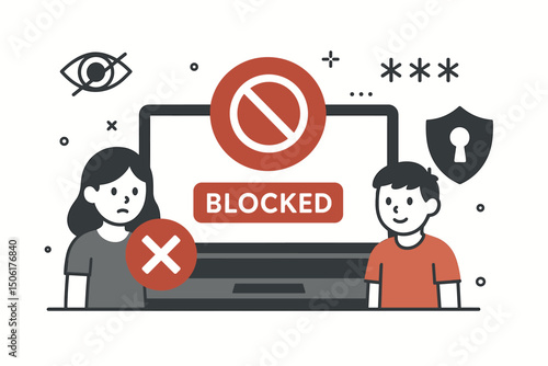 Website blocking and internet security concept with concerned users, computer displaying blocked access message, security shield and cybersecurity protection icons