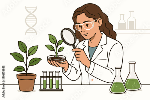 Female scientist botanist examining plant seedling with magnifying glass in modern laboratory for biotechnology research and environmental science study