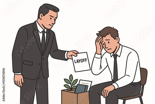 Professional manager delivering job termination notice to disappointed employee with packed office belongings during corporate layoff process